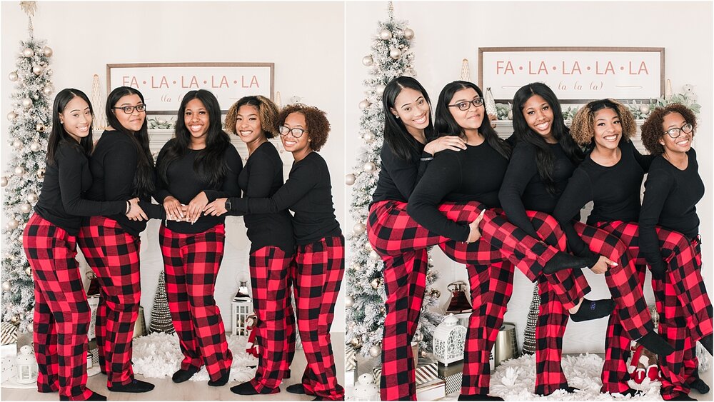 Christmas photos of friends around the tree in plaid Old Navy pajama bottoms.