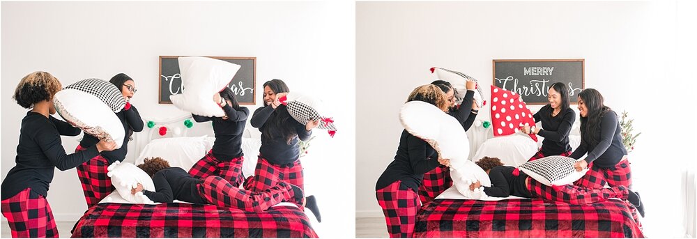 Christmas photos of friends having a pillow fight slumber party style