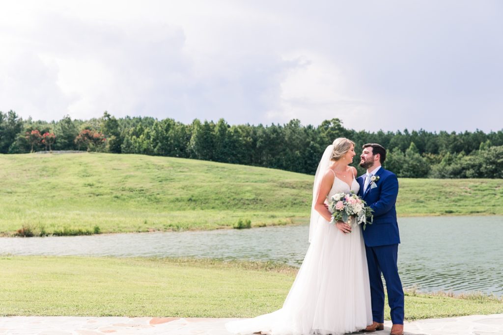 First Look Bridal Portrait at Flagstone Farm by the Lake
