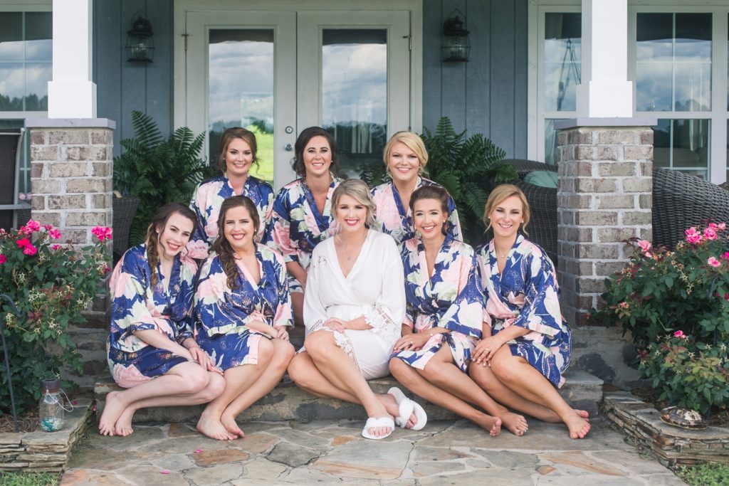 Bridesmaids in floral robes Flagstone Farm Tuscaloosa wedding summer