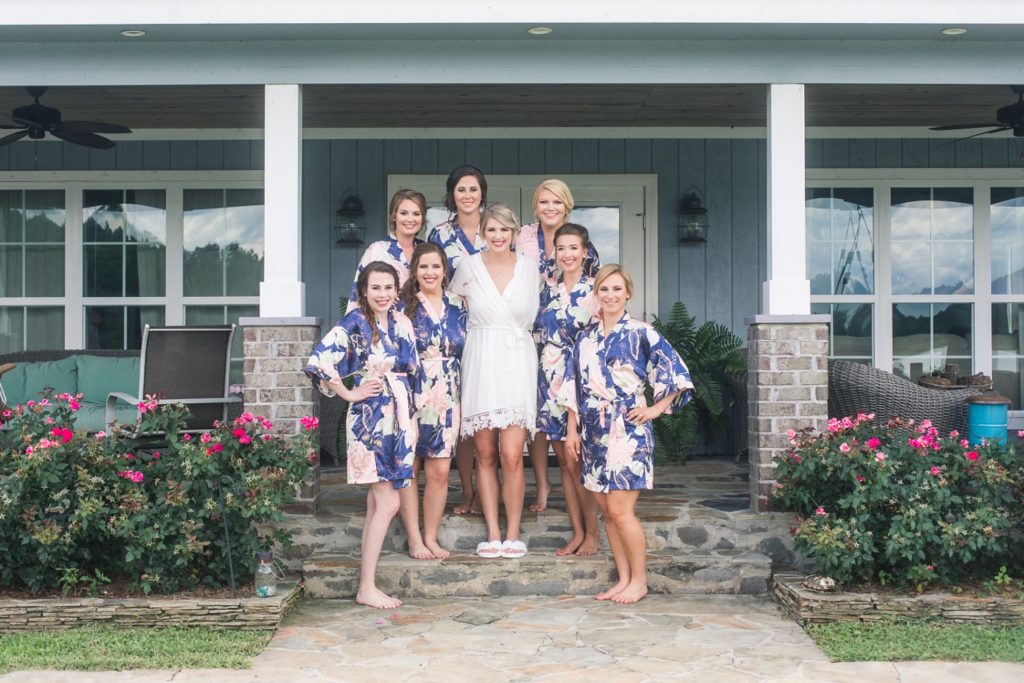 Bridesmaids in floral robes Flagstone Farm Tuscaloosa wedding
