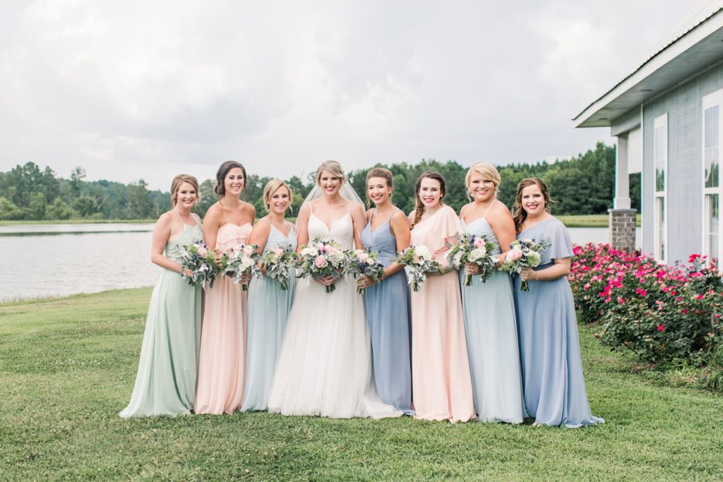 Bride and bridesmaids in Azazie dresses Flagstone Farm Tuscaloosa wedding
