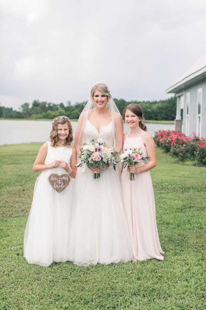 Bride with younger siblings flower girl and junior bride Tuscaloosa Alabama Flagstone Farm