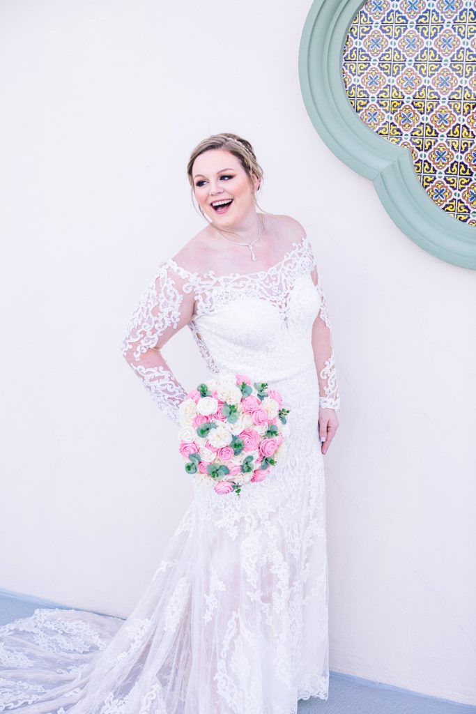 Bridal portrait in long sleeve lace gown