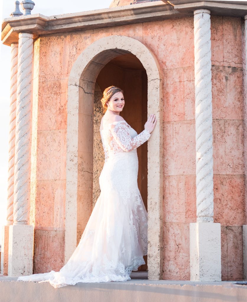 Bride in tower for rooftop bridal session at Stoney Ridge Villa.