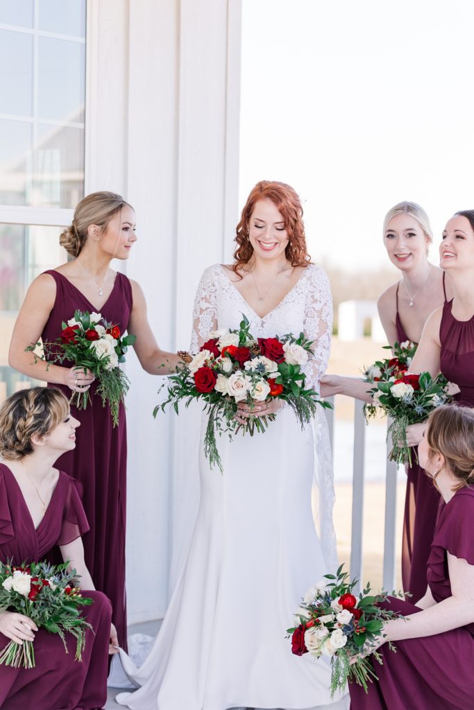 Bride and bridesmaids winter wedding getting ready