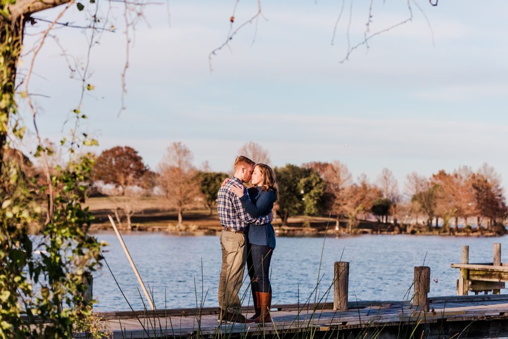 Couples fall photo on dock at White Rock Lake