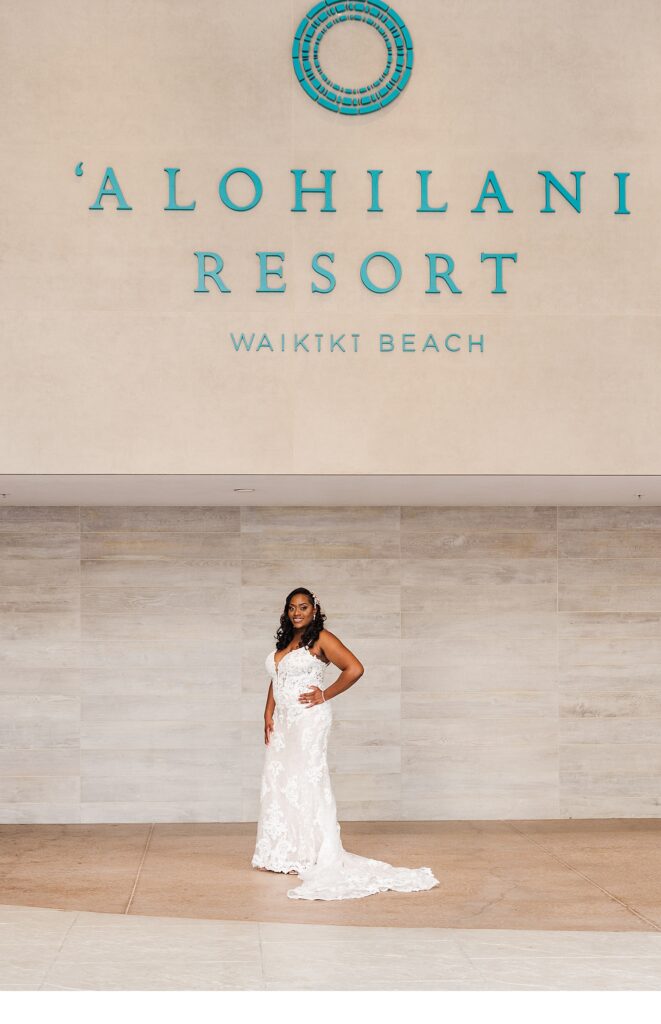Bridal portrait in front of the Alohilani Resort for an Oahu wedding i